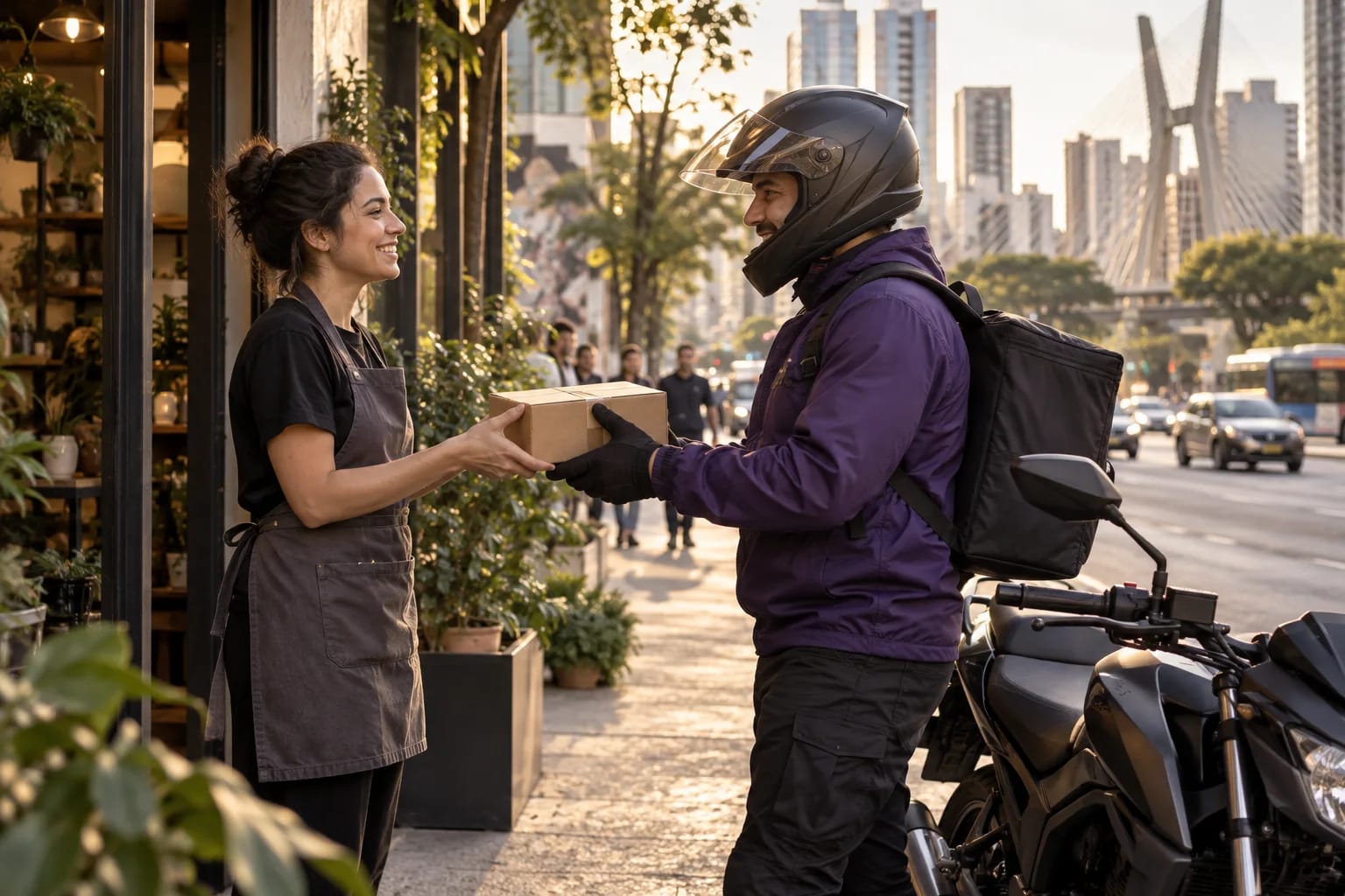 Cena ilustrativa de um motoboy recebendo um pacote de uma lojista em São Paulo